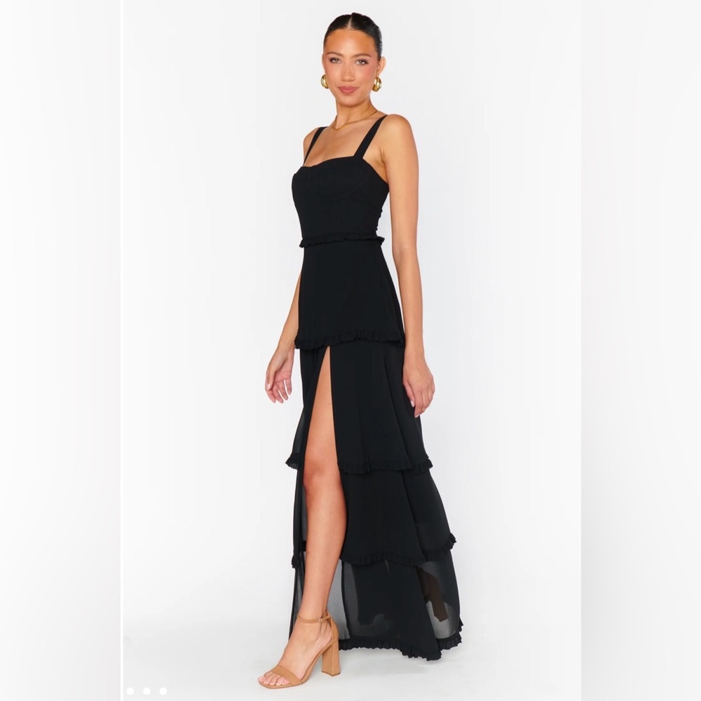 NWT Show Me Your MuMu Lady Corset Black Tiered Maxi Dress with Slit